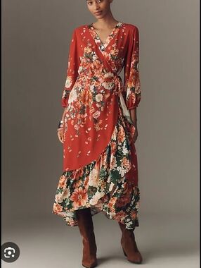 FARM Rio Long Sleeve Floral Wrap Midi Dress